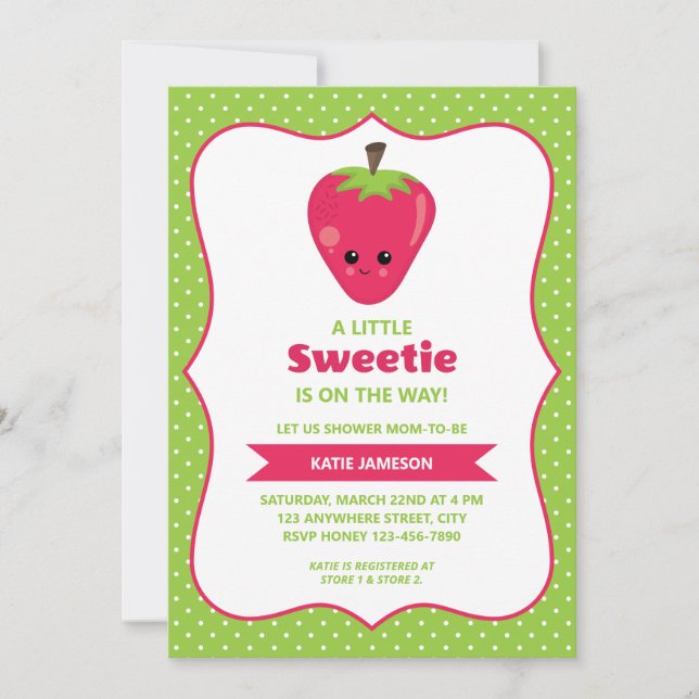 Niedlich Little Sweetie Strawberry Baby Dusche Einladung (Vorderseite)