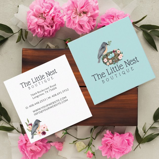 Niedlich Little Watercolor Baby Bird & Nest Quadratische Visitenkarte (Cute Little Watercolor Baby Bird & Nest Square Business Card)