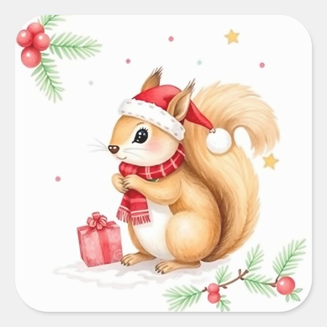 Niedlich Little Watercolor Weihnachtshörnchen Quadratischer Aufkleber (Vorderseite)