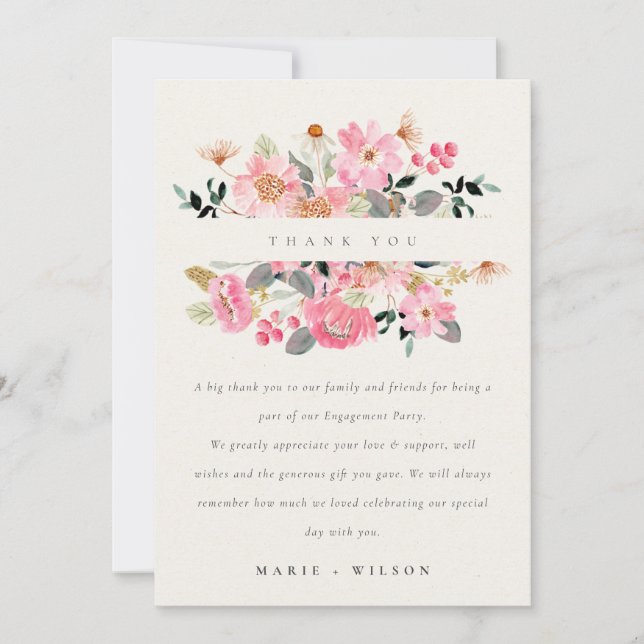 Niedlich Lively Pink Watercolor Floral Verlobung Dankeskarte (Vorderseite)