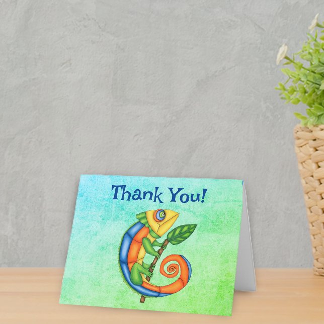 Niedlich Lizard Bright Colors Leaf Twig Green Blue Dankeskarte (Brightly coloured fantasy cute lizard with leaf on green blue mix Thank You cards.)