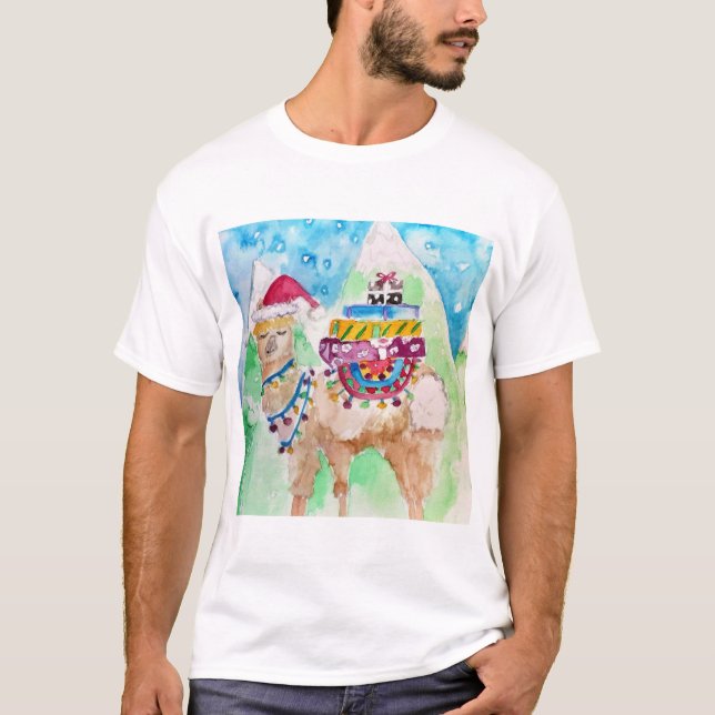 Niedlich Llama Frohe Weihnachten Wasserfarbenkunst T-Shirt (Vorderseite)