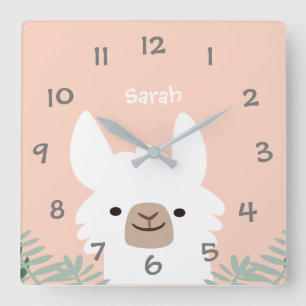 Niedlich Llama Kids Kinderzimmer Wall Clock Quadratische Wanduhr