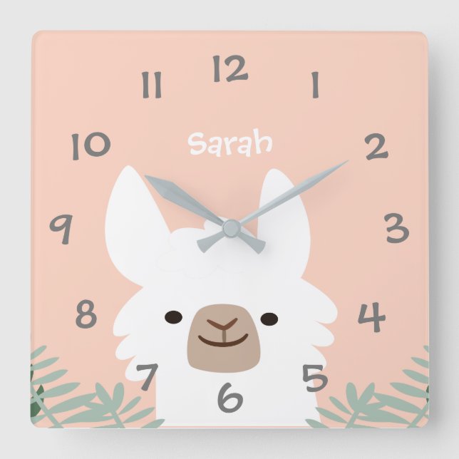 Niedlich Llama Kids Kinderzimmer Wall Clock Quadratische Wanduhr (Vorderseite)