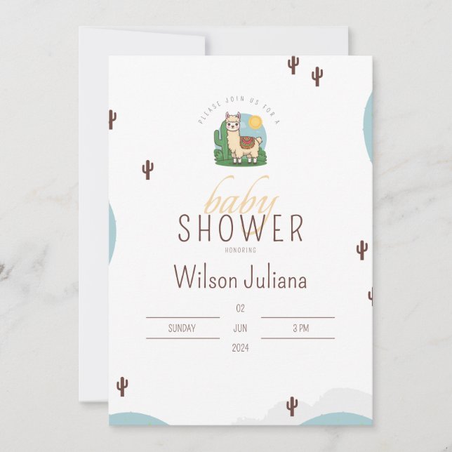 Niedlich Llama Mexican Fiesta Theme Baby Dusche Einladung (Vorderseite)