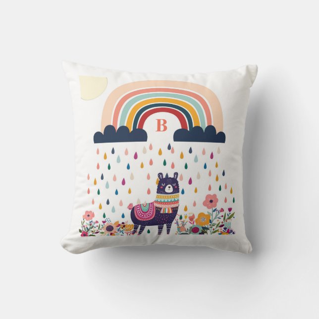 Niedlich Llama Rainbow Initial Monogram Kissen (Vorderseite)
