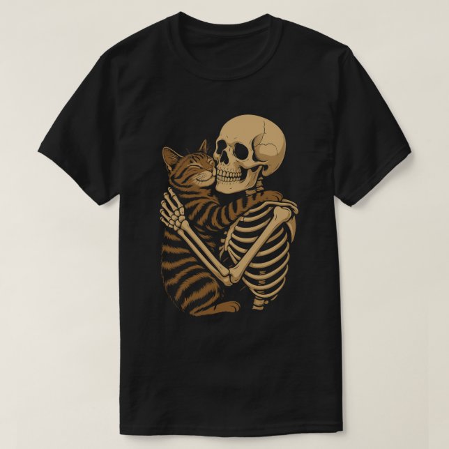 Niedlich Macabre Cat Hug - Skelett und Kitty T-Shirt (Design vorne)