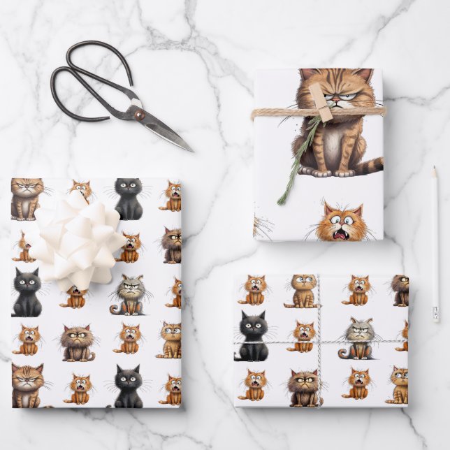 Niedlich Mad Angry Black Gray Orange Cats Geschenkpapier Set (Vorderseite)