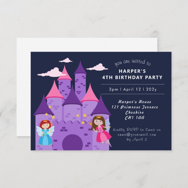 Niedlich Magische Fairies & Castle Girl's 4. Gebur Einladung (Vorne/Hinten)