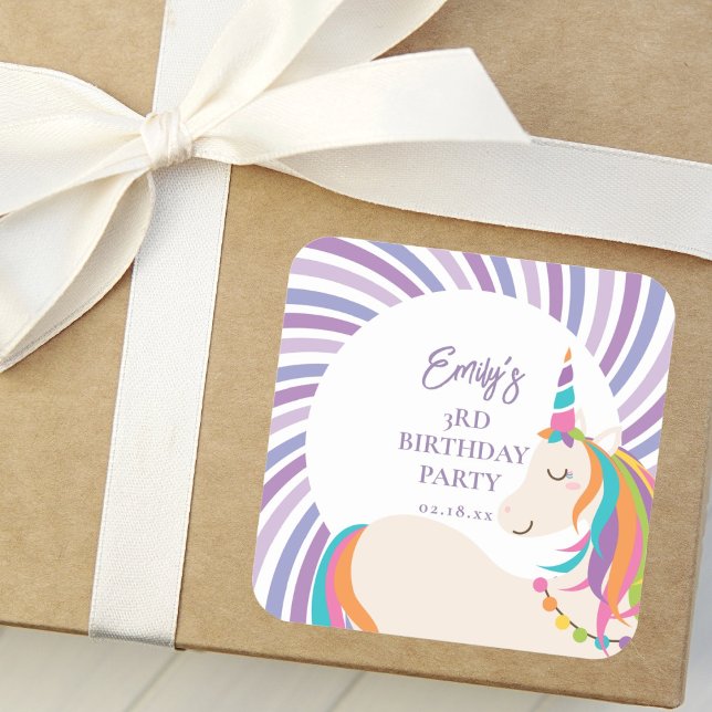 Niedlich Magische Rainbow Unicorn Girl Birthday Pa Quadratischer Aufkleber (Von Creator hochgeladen)