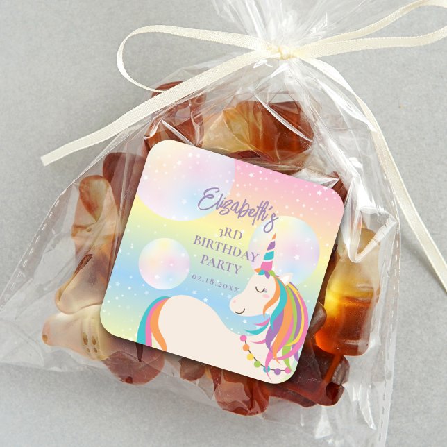 Niedlich Magische Rainbow Unicorn Girl Birthday Pa Quadratischer Aufkleber (Von Creator hochgeladen)