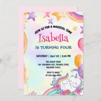 Niedlich Magische Regenbogenkatze Unicorn Geburtst Einladung