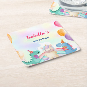 Niedlich Magischer Regenbogen Dino Einhorn Geburts Rechteckiger Pappuntersetzer