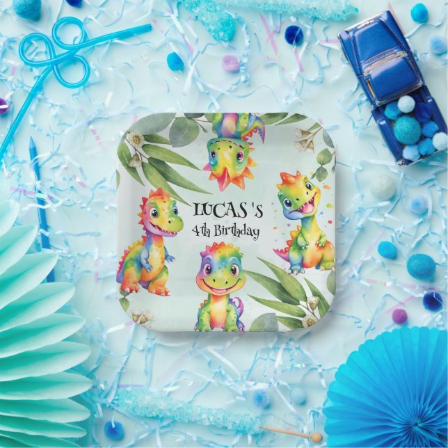 Niedlich Magischer Regenbogen Dinosaur Happy Birth Pappteller (Party)