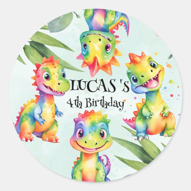 Niedlich Magischer Regenbogen Dinosaur Happy Birth Runder Aufkleber (Vorderseite)
