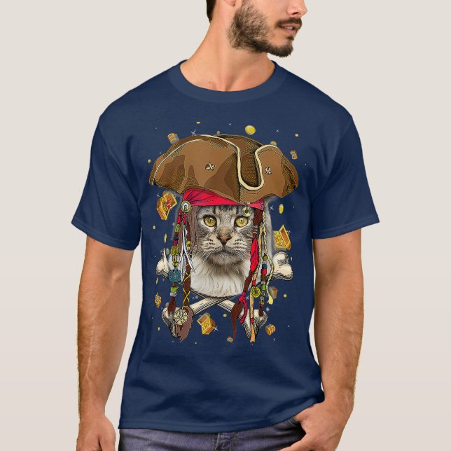 Niedlich Maine Coon Pirate Skeleton Halloween T-Shirt (Vorderseite)