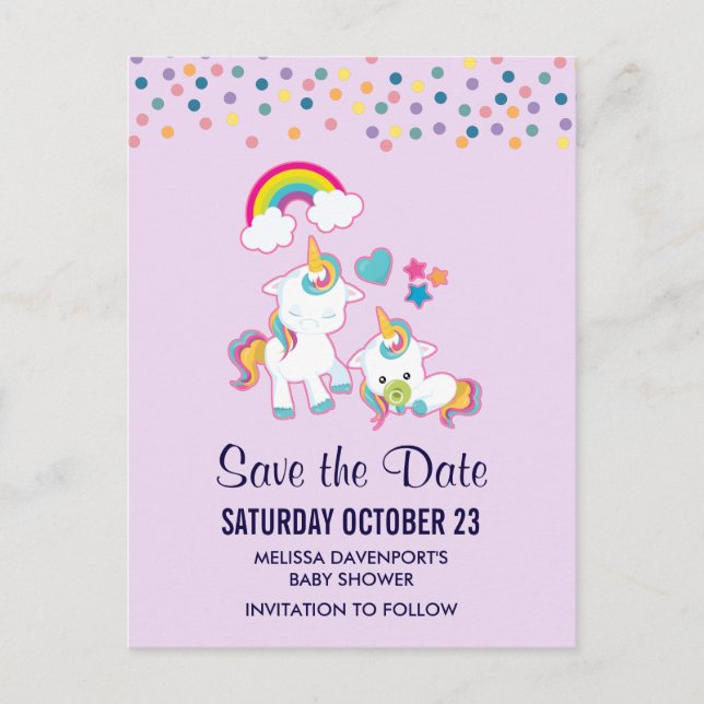 Niedlich Mama & Baby Unicorn Magisch Save the Date Postkarte (Vorderseite)