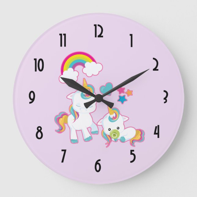 Niedlich Mama & Baby Unicorn Magische Illustration Große Wanduhr (Vorderseite)