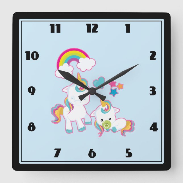 Niedlich Mama & Baby Unicorn Magische Illustration Quadratische Wanduhr (Vorderseite)