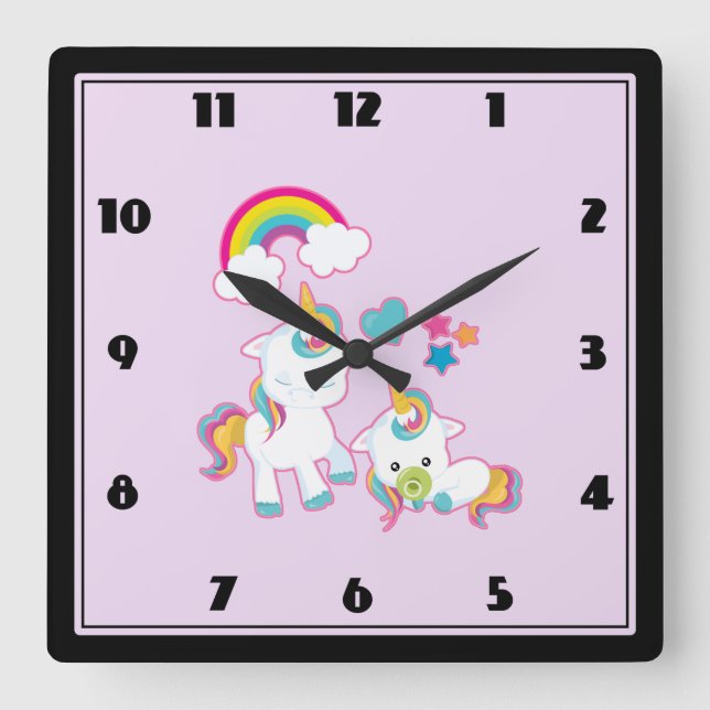 Niedlich Mama & Baby Unicorn Magische Illustration Quadratische Wanduhr (Vorderseite)