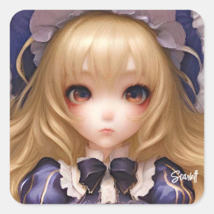 Niedlich Manga Anime Girl Japanisch in Blau Quadratischer Aufkleber