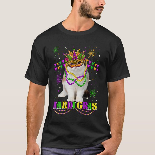 Niedlich Mardi Gras Cat Exotic Kurzmaske Beads Fe T-Shirt (Vorderseite)