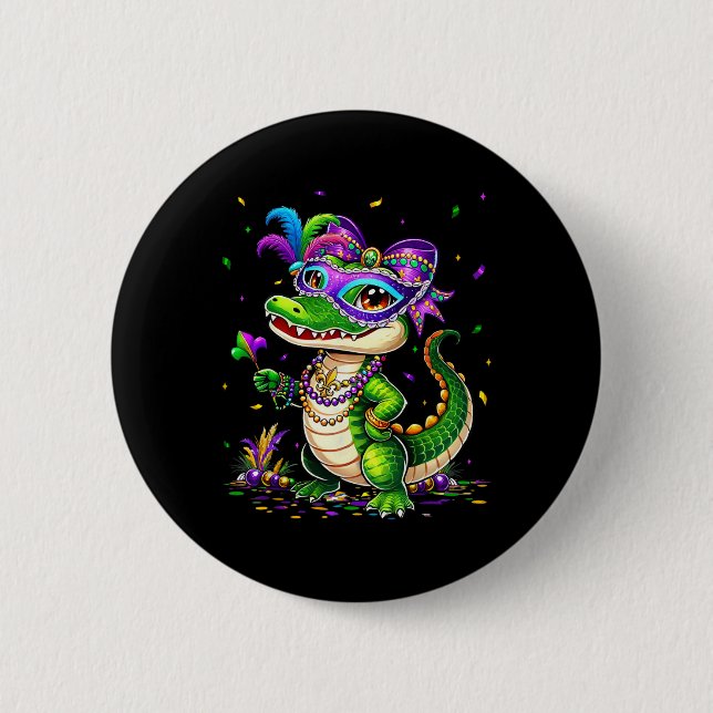 Niedlich Mardigator Mardi Gras Alligator Kostümmäd Button (Vorderseite)