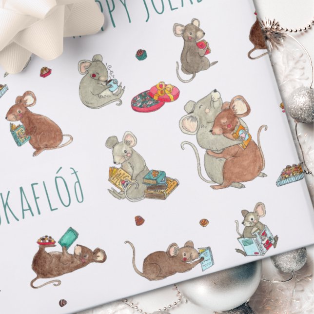 Niedlich Mäuse Lesen von Büchern Jolabokaflod Geschenkpapier Set (Jolabokaflod Wrapping Paper)