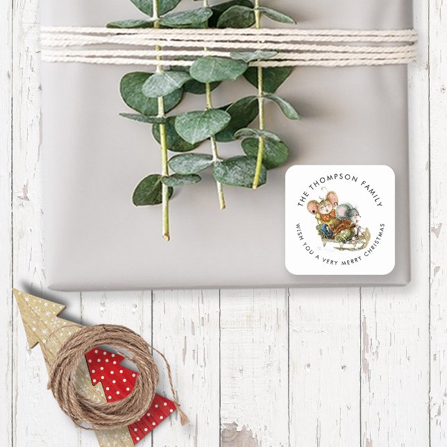 Niedlich Mäuse Sleigh Name Frohe Weihnachten Quadratischer Aufkleber (Von Creator hochgeladen)