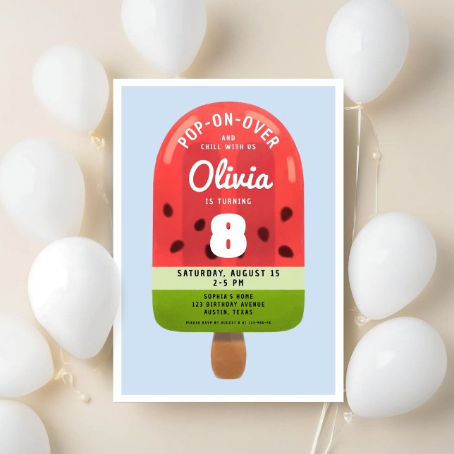 Niedlich Melon Popsicle Girl Acht Geburtstag Einladung (Cute Melon Popsicle Girl Eight Birthday Invitation)