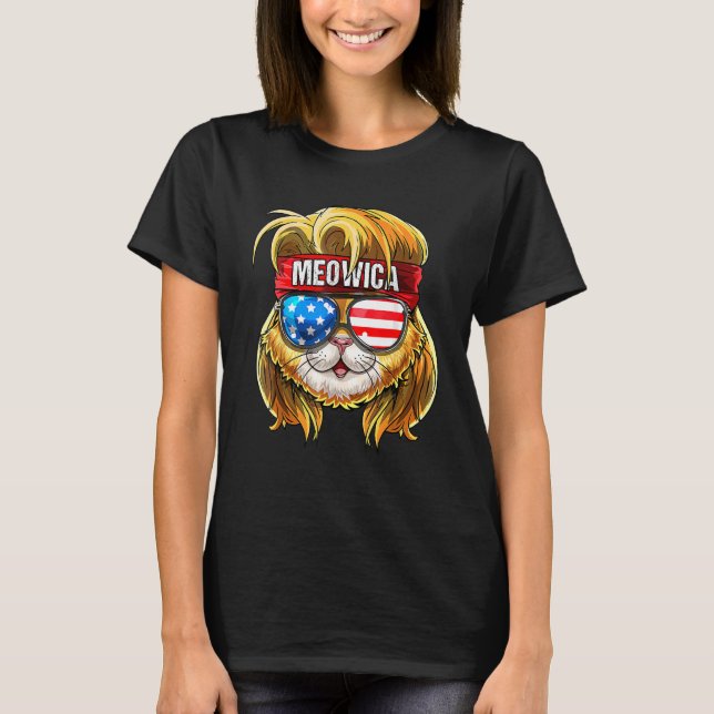 Niedlich Meowica Cat Mullet American Flag Patrioti T-Shirt (Vorderseite)