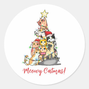 Niedlich Meowy Catmas Katzen Weihnachtsbaum Runder Aufkleber