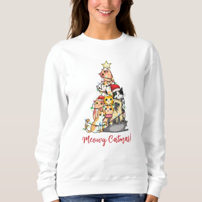 Niedlich Meowy Catmas Weihnachtsbaum Sweatshirt (Vorderseite)
