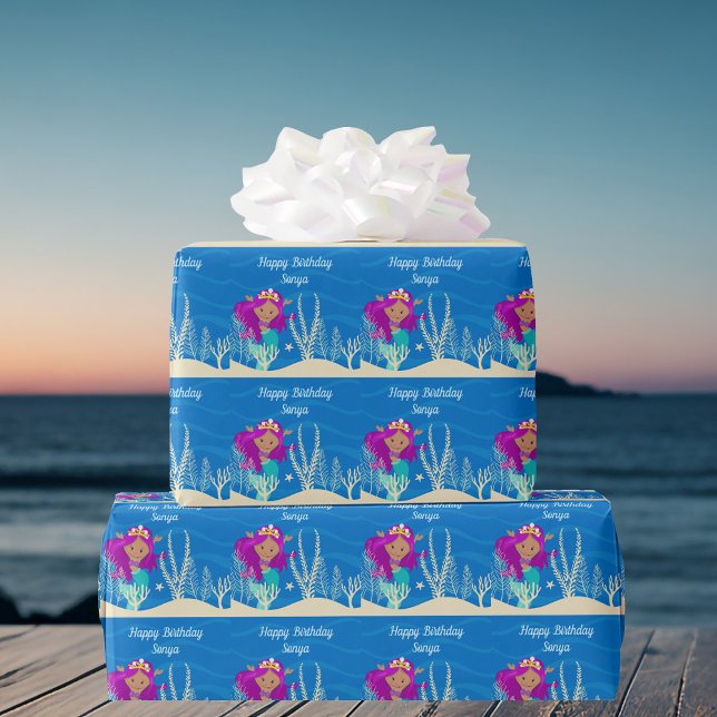 Niedlich Mermaid Birthday Girl Custom Blue Ocean Geschenkpapier (Von Creator hochgeladen)