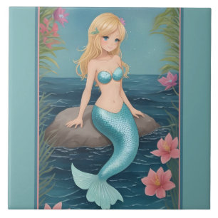 Niedlich Mermaid - Blonde Cartoon Girl mit blauem Fliese