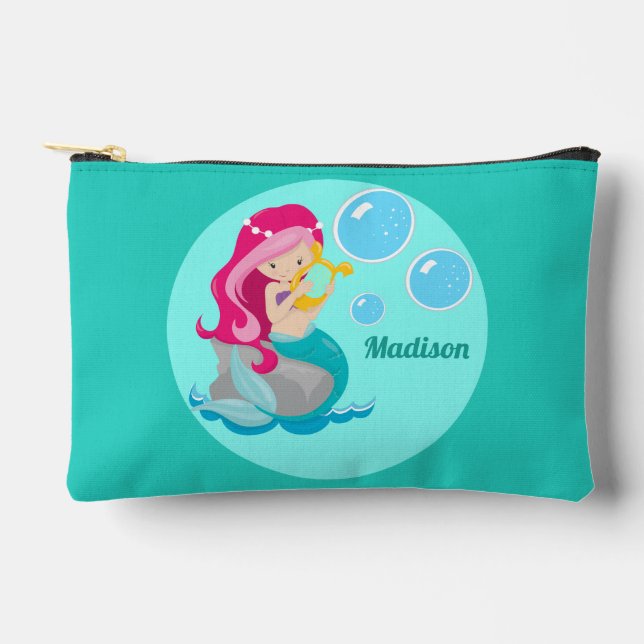 Niedlich Mermaid Girl Personalisiert Aquamarin Kid Zubehörtasche (Vorderseite)