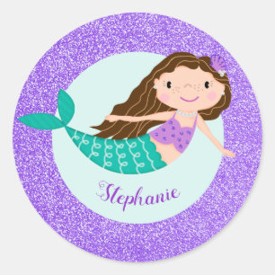 Niedlich Mermaid Lila Glitzer Personalisiert Runder Aufkleber