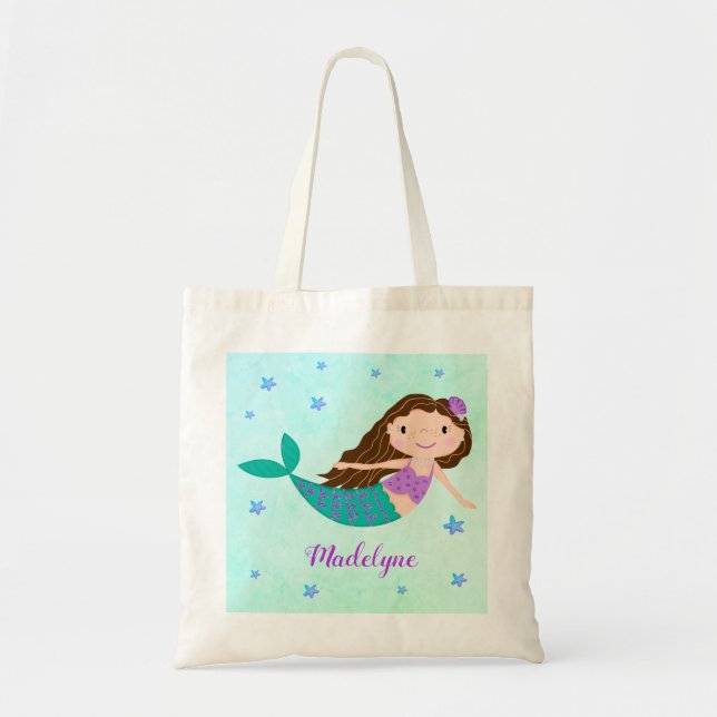 Niedlich Mermaid Lila Glitzer Personalisiert Tragetasche (Vorne)