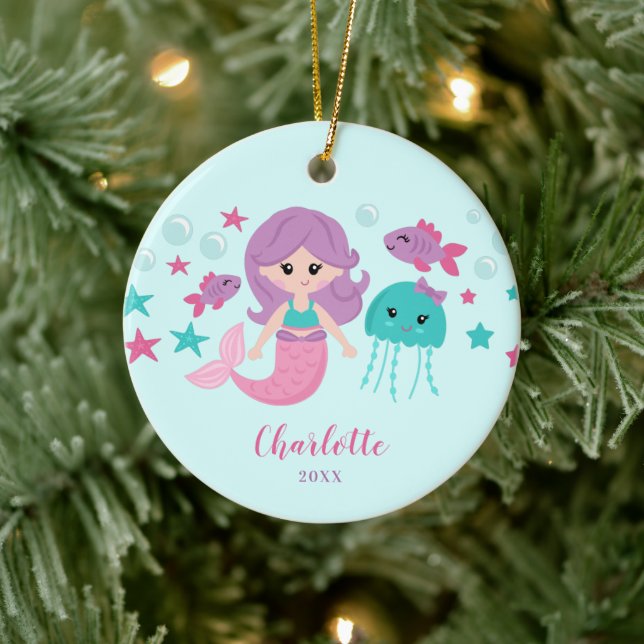 Niedlich Mermaid Personalisiert Girl Keramik Ornament (Baum)
