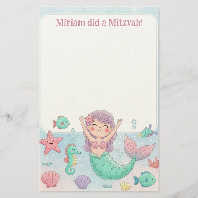 Niedlich Mermaid Personalisiert Mitzvah Anmerkung Briefpapier (Vorderseite)