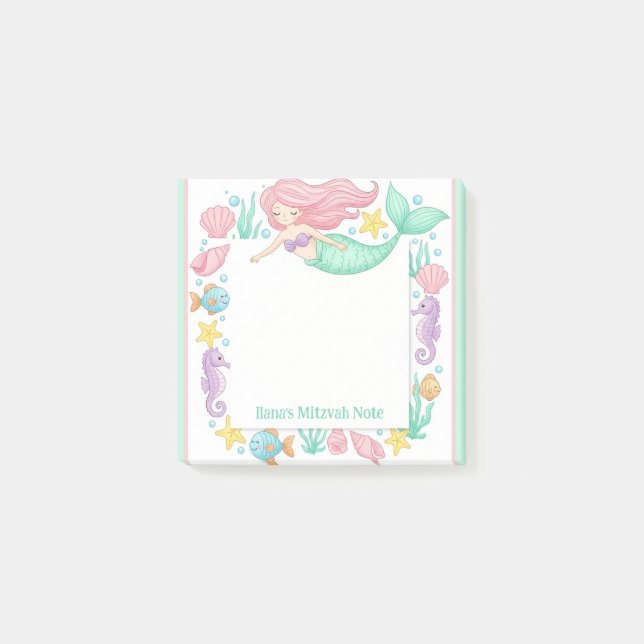 Niedlich Mermaid Personalisiert Mitzvah Notepad Post-it Klebezettel (Vorderseite)