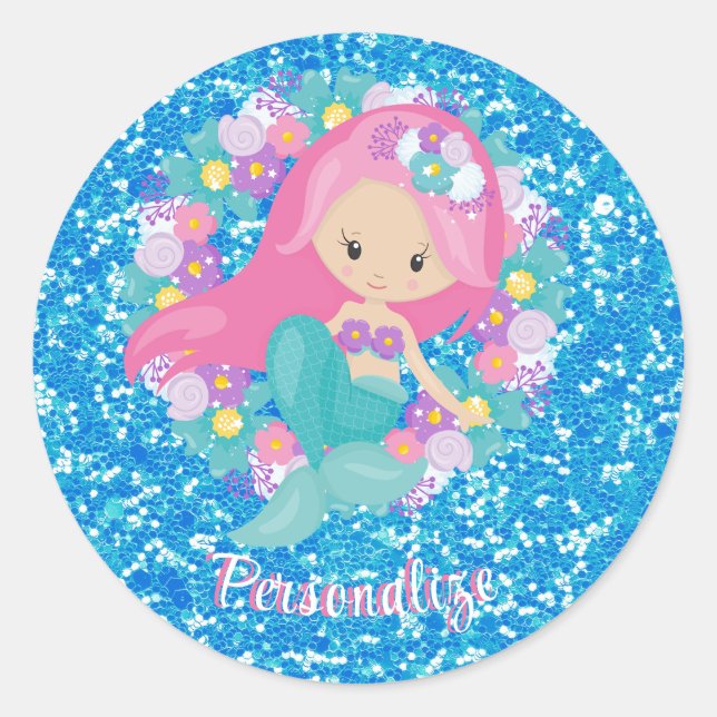 Niedlich Mermaid Pink Blue Glitzer Personalisieren Runder Aufkleber (Vorderseite)