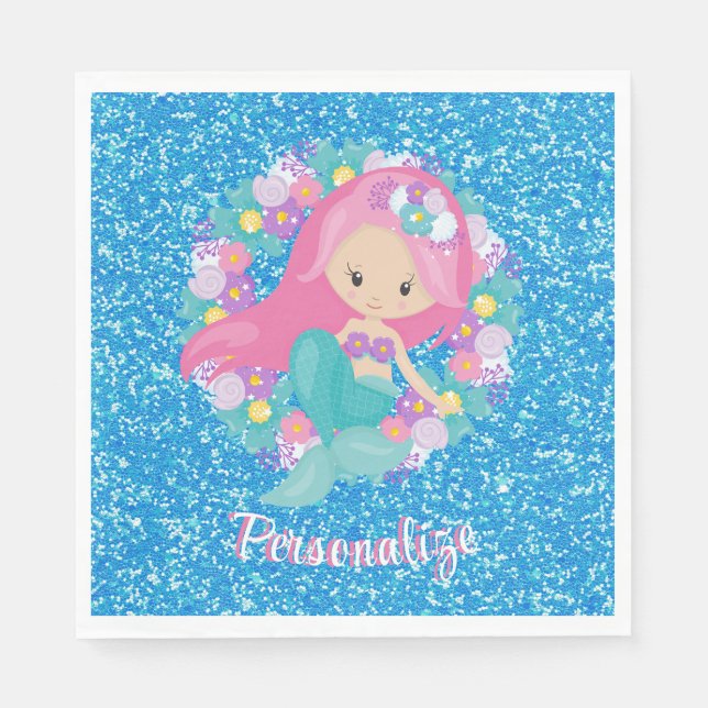 Niedlich Mermaid Pink Blue Glitzer Personalisieren Serviette (Vorderseite)