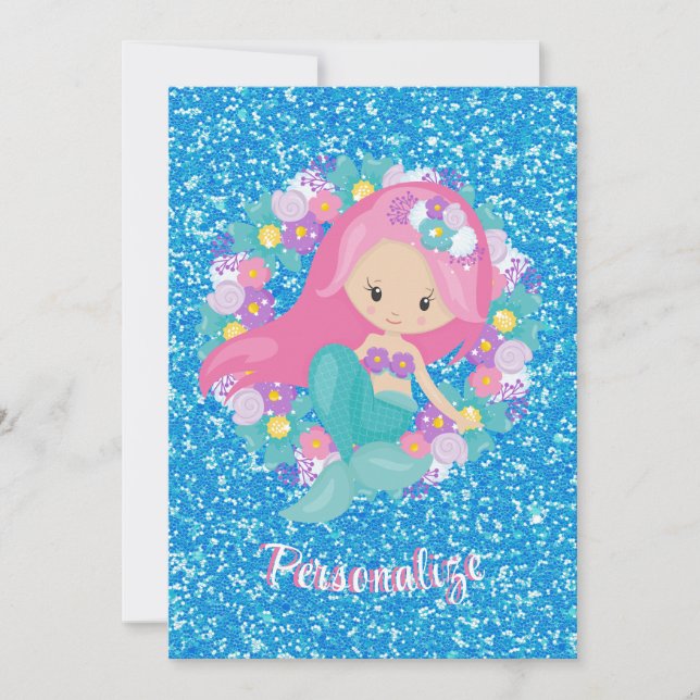 Niedlich Mermaid Pink Blue Glitzer Personalisiert Einladung (Vorderseite)