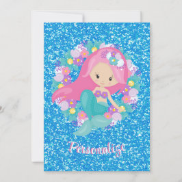 Niedlich Mermaid Pink Blue Glitzer Personalisiert Einladung