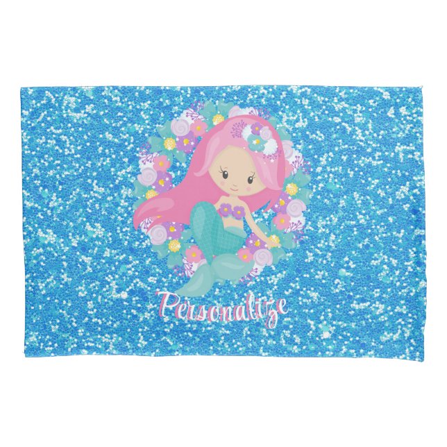 Niedlich Mermaid Pink Blue Glitzer Personalisiert Kissenbezug (Vorderseite)