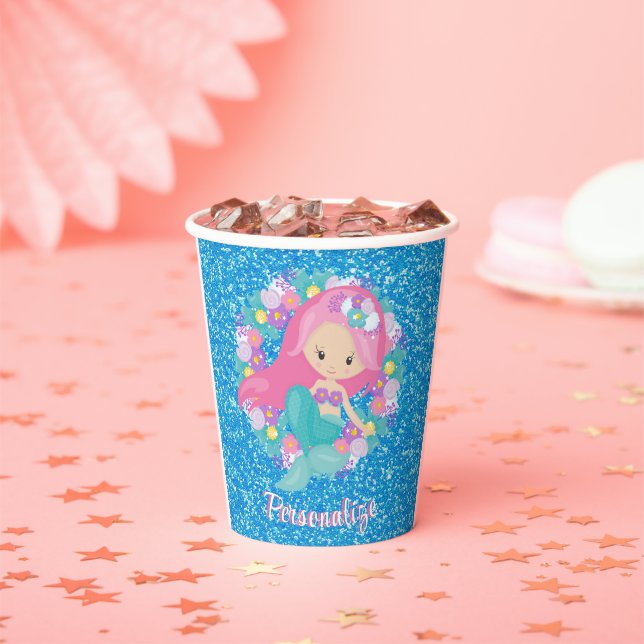 Niedlich Mermaid Pink Blue Glitzer Personalisiert Pappbecher (Insitu)