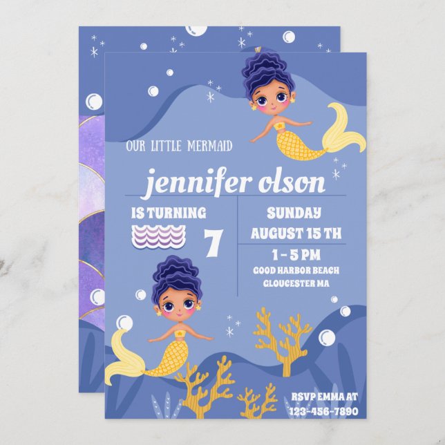 Niedlich Mermaid Princess Underwater Golden Mermai Einladung (Vorne/Hinten)