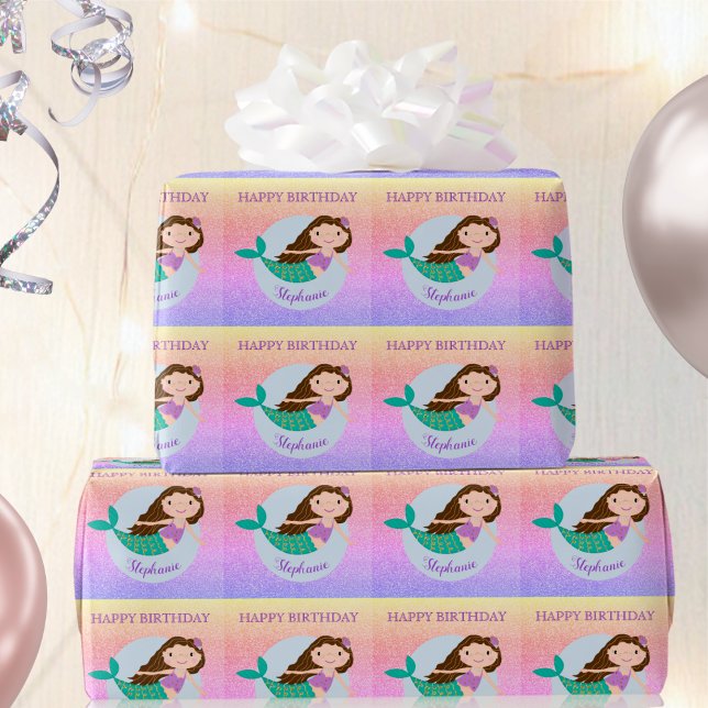 Niedlich Mermaid Rainbow Glitzer Personalisiert Ge Geschenkpapier (Von Creator hochgeladen)
