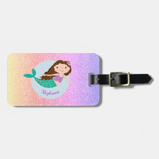 Niedlich Mermaid Rainbow Glitzer Personalisiert Gepäckanhänger (Vorderseite horizontal)